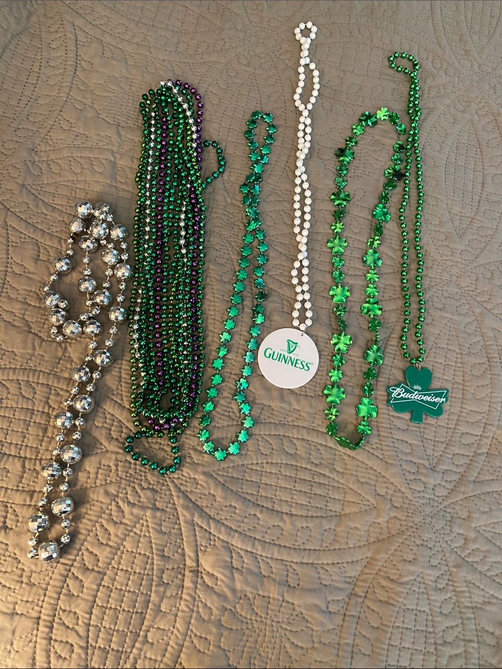St. Patrick's Green Shamrock Bead Necklaces - Guinness & Budweiser Badge Options